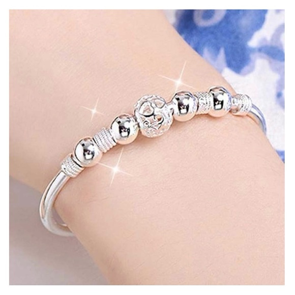 New Sterling Silver Lucky Heart Beads Bangle Bracelet - Picture 2 of 6